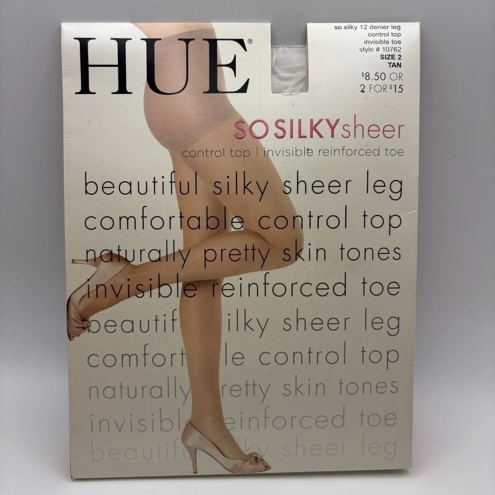 New HUE So Silky Sheer Control Top Pantyhose Invisible Toe Womens Sz 2 Tan 10762